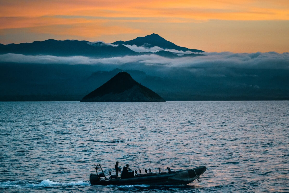 The Mako, one of our small boats, in front of the beautiful island of São Tomé and Príncipe, where we are also working to end illegal fishing.