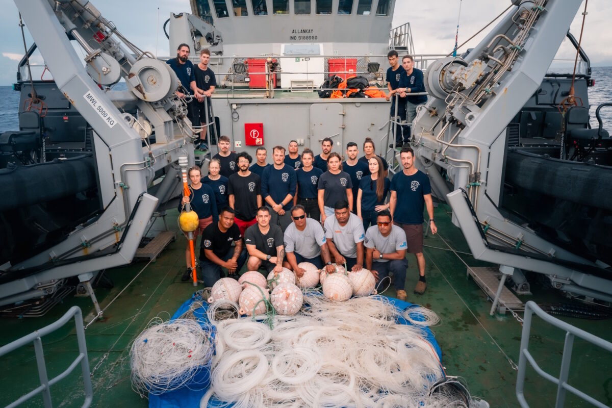 The Sea Shepherd crew and local authorities posing with 10 kilometers of illegal fishing lines they pulled from the waters of Tuvalu, an atoll in the South Pacific where we work.